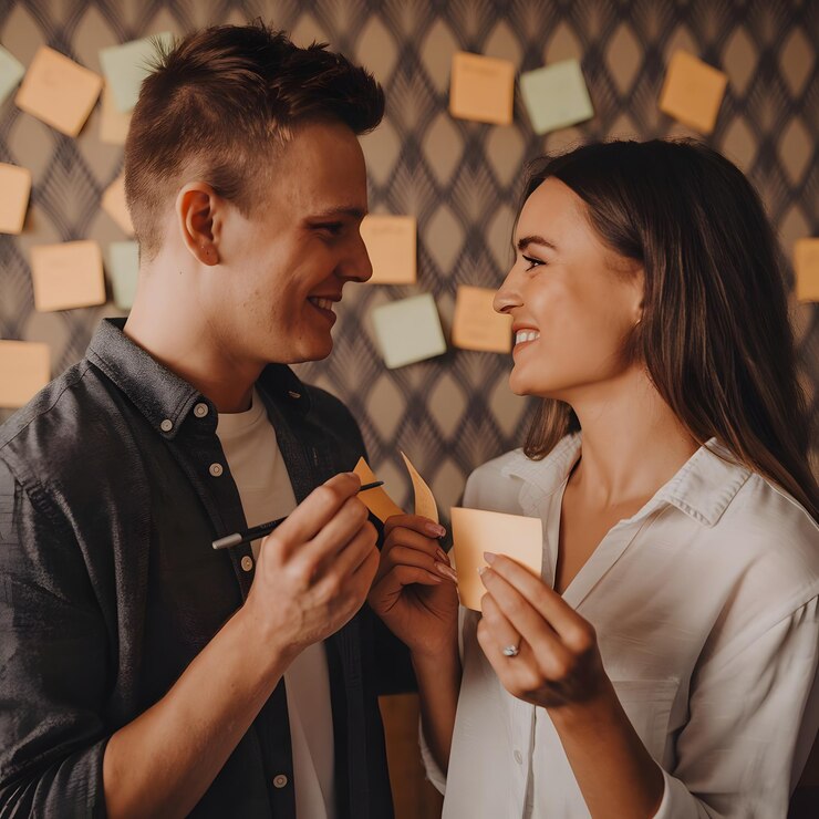 Una pareja escribiendo notas de amor.