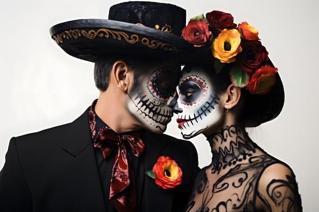 Una pareja con espeluznante atuendo del Día de los Muertos honrando las tradiciones del festival con un maquillaje vibrante