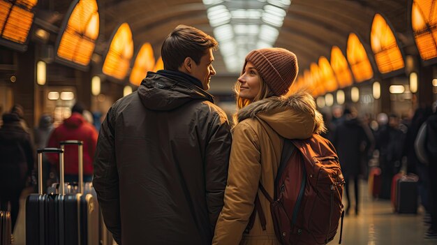 Una pareja espera ansiosamente su próxima aventura de pie en el ajetreo y el bullicio de una terminal del aeropuerto