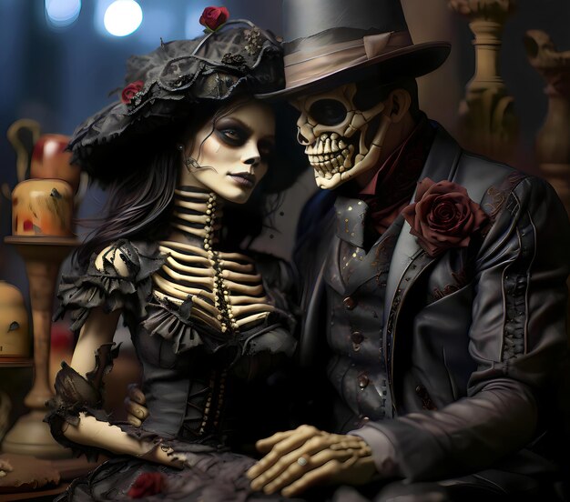 Una pareja de esqueletos en el tema de Halloween