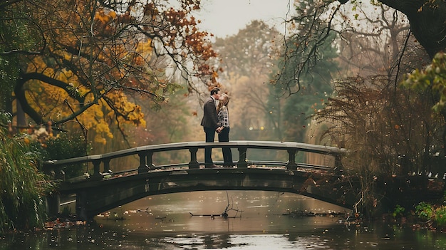 Una pareja se está besando en un puente en un parque