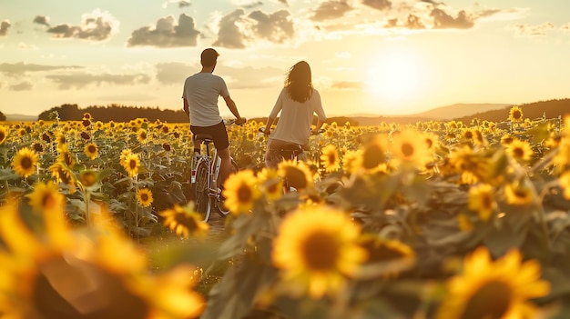 Una pareja está en bicicleta a través de un campo de girasoles El sol se está poniendo y el cielo es de un cálido color dorado