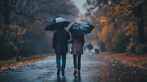 Una pareja está caminando bajo la lluvia, ambos llevan abrigos negros y paraguas negras, la mujer lleva una bufanda roja.