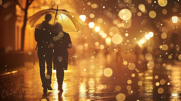 La pareja está caminando bajo la lluvia.