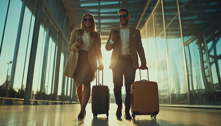 una pareja está caminando con su equipaje y el hombre está sosteniendo un teléfono