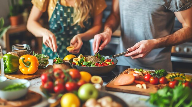 Una pareja está cocinando juntos en la cocina están cortando verduras y poniéndolas en una sartén también están añadiendo especias y hierbas