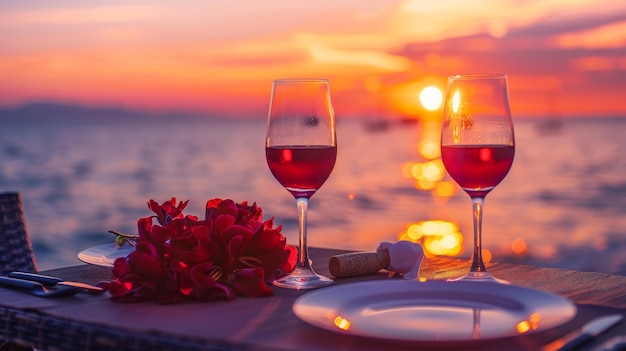 Una pareja está disfrutando de una cena romántica junto al océano con dos copas de vino