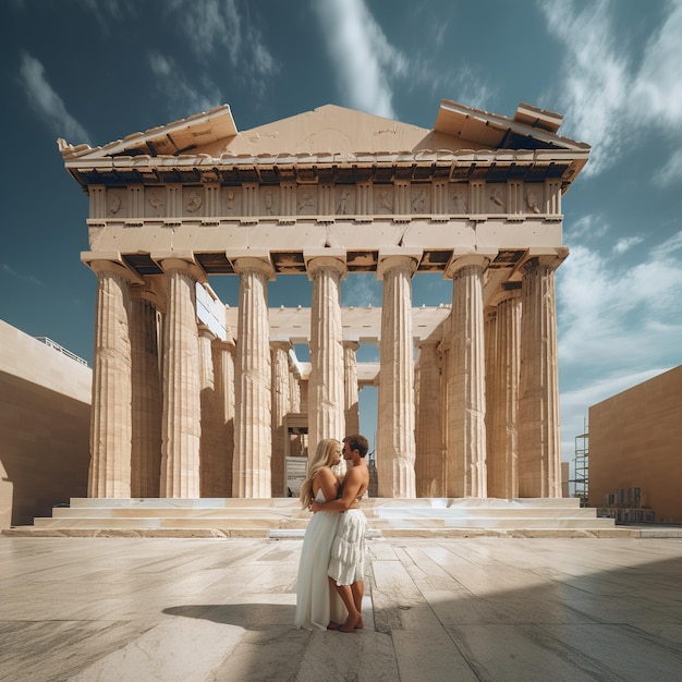 Una pareja está parada frente al edificio de atenas.