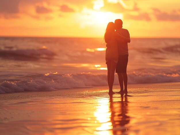 una pareja está de pie en la playa y el sol se está poniendo