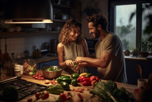 Una pareja está preparando verduras en una cocina