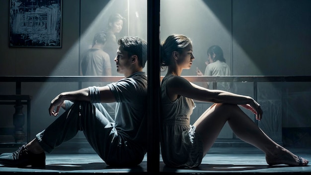 una pareja está sentada en una habitación oscura con las palabras cita la palabra cita en la puerta