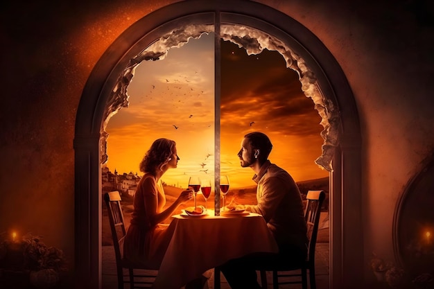 Una pareja está sentada en una mesa con una puesta de sol de fondo.