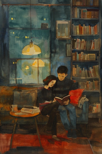 Una pareja está sentada en un sofá leyendo un libro