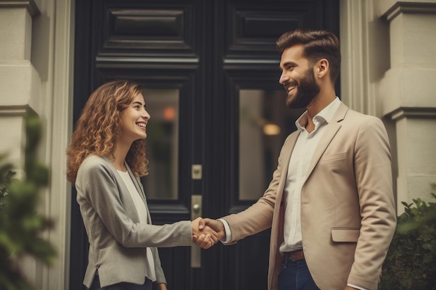 Una pareja estrechando la mano junto a una puerta.