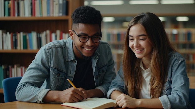 una pareja de estudiantes estudiando juntos en una biblioteca