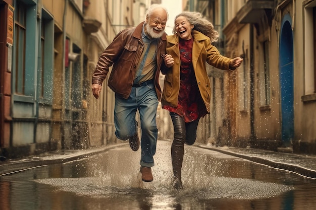 Una pareja de estudiantes felices como niños jóvenes corriendo por la calle.