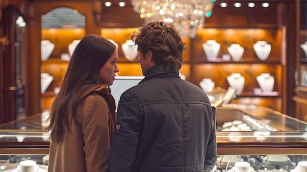Una pareja examina joyas de lujo en un entorno de tienda elegante participando en una posible compra La iluminación cálida establece un estado de ánimo romántico Ideal para la publicidad de joyas AI