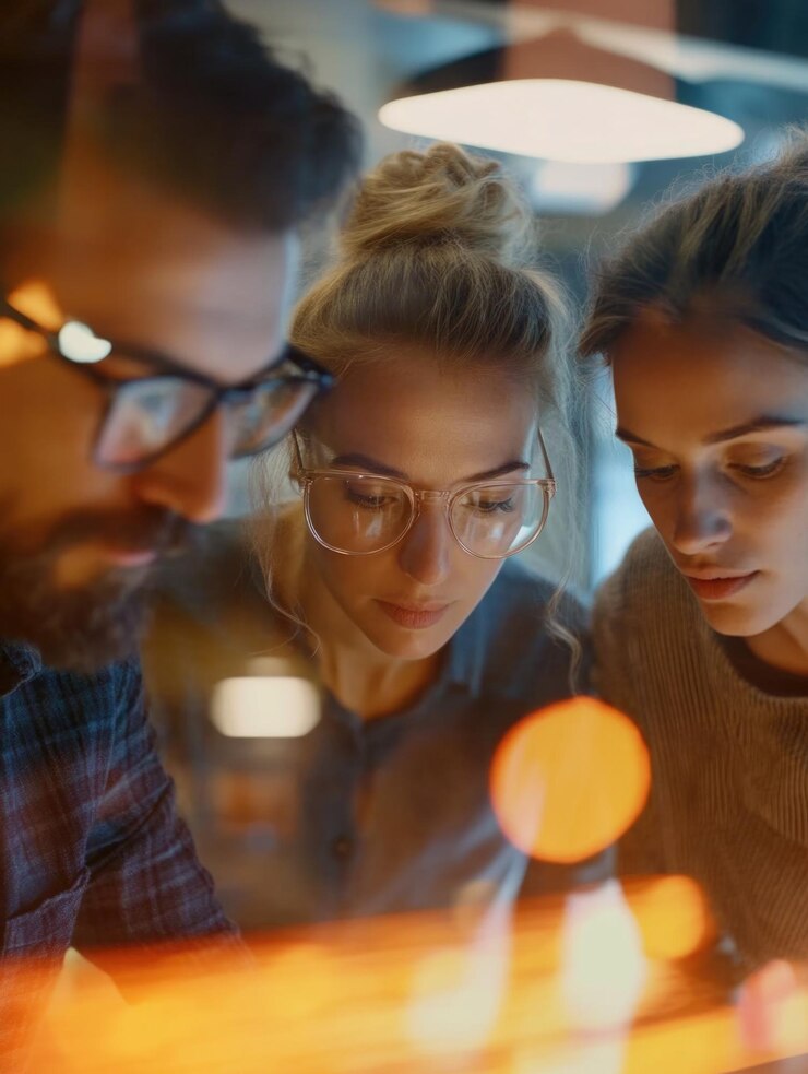 Pareja examinando un dispositivo móvil probablemente revisando mensajes o navegando