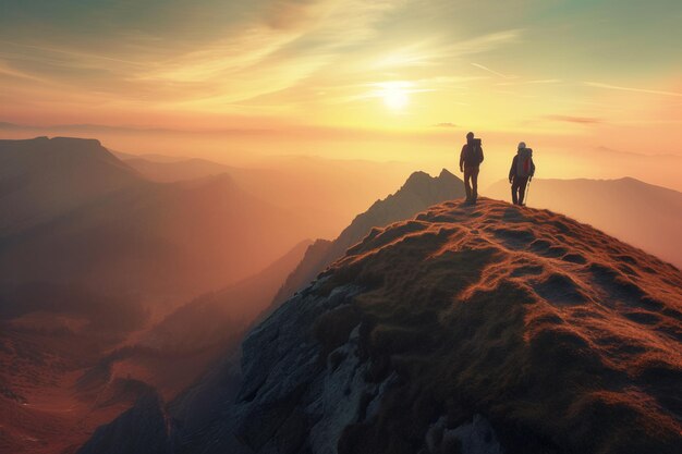 Una pareja de excursionistas en la cima de una montaña en la puesta de sol con IA generada