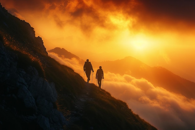 Una pareja de excursionistas en la cima de una montaña en la puesta de sol con IA generada