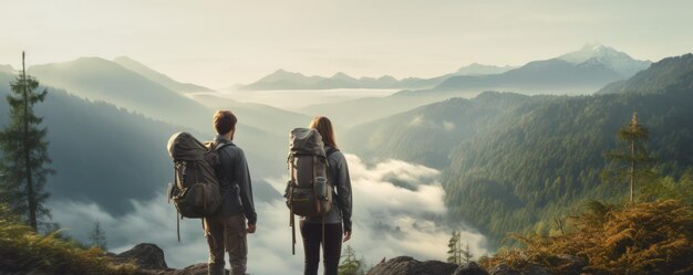 Una pareja de excursionistas disfruta de la vista de la naturaleza Caminata y concepto de desintoxicación digital Contemplación de la naturaleza a solas con sus pensamientos Escapar del bullicio de la ciudad y la unidad con la naturaleza