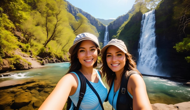 Pareja de excursionistas tomándose un selfie con una cascada al fondo