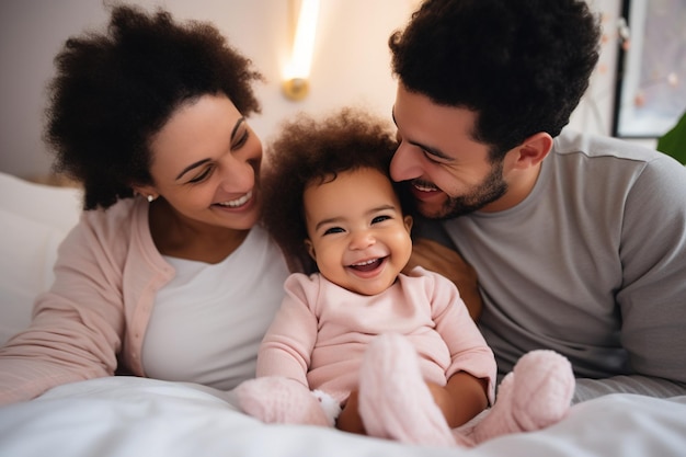 Una pareja de familia joven de diversas razas jugando con un bebé lindo en la cama sosteniendo a una niña bebé padres multiétnicos felices divirtiéndose por la mañana levantando a la hija pequeña en el dormitorio en casa