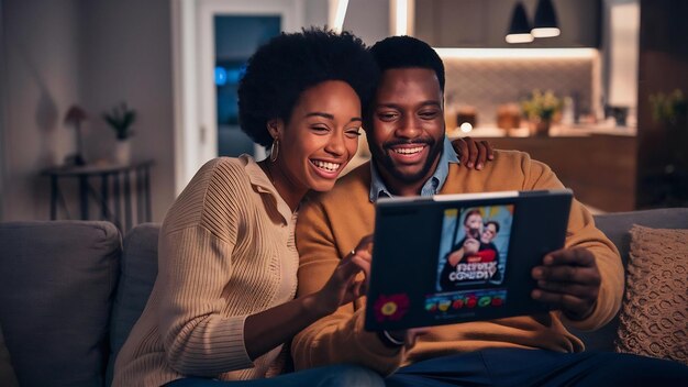 Foto una pareja de familia positiva sonríe ampliamente mientras ve comedia en una tableta que utiliza una conexión gratuita a internet