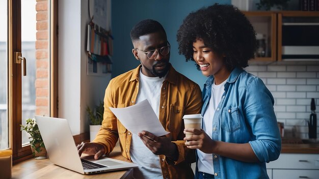 Foto una pareja de familia de raza mixta examina el papeleo, se piden consejos el uno al otro, posan en contra del acogedor intercambio doméstico.