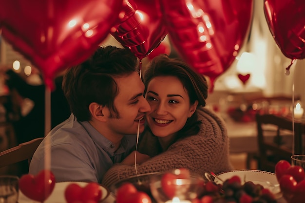 Una pareja feliz se abraza y celebra el Día de San Valentín en casa