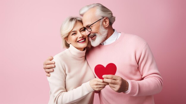 una pareja feliz abrazándose estrechamente y sonriendo contra un fondo rosa