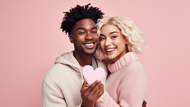 una pareja feliz abrazándose estrechamente y sonriendo contra un fondo rosa