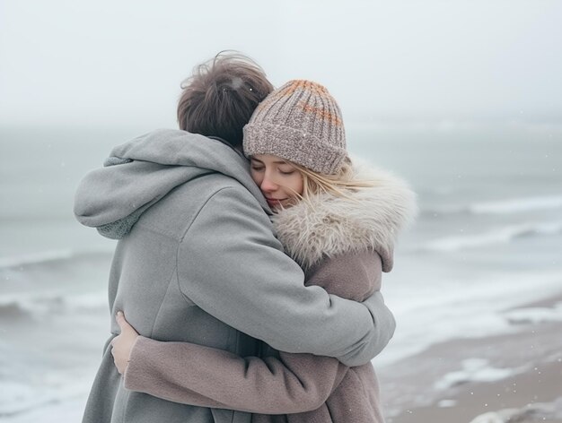 Una pareja feliz abrazándose en la playa de invierno