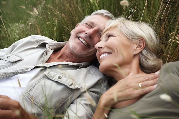 Una pareja feliz acostada en un campo mientras se toma de la mano