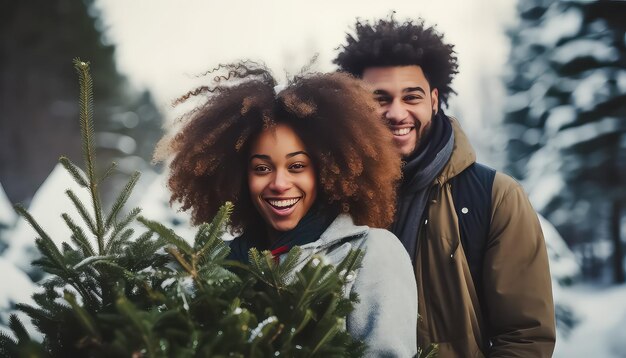 pareja feliz en el amor eligiendo árbol de Navidad al aire libre mercado de invierno