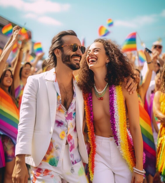 Foto una pareja feliz bailando en el desfile del orgullo gay lgbtq en sao paulo