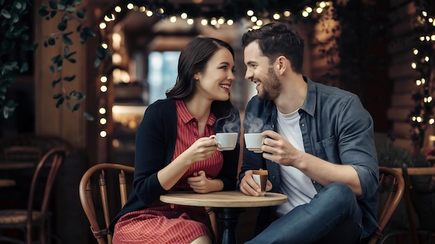 Una pareja feliz bebiendo café.