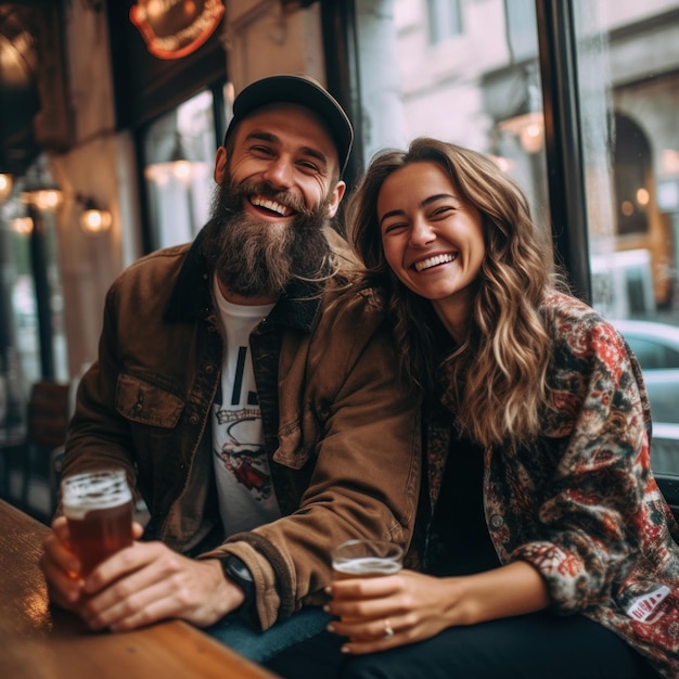 Pareja feliz bebiendo cerveza en la calle Ilustración AI GenerativexD