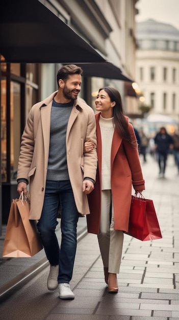 Una pareja feliz con bolsas de compras tomadas de la mano.