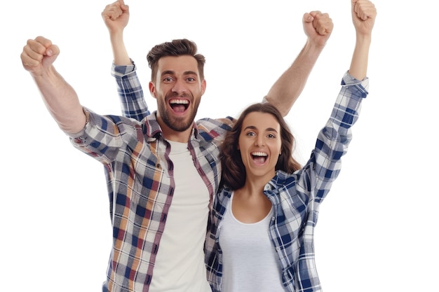 Foto una pareja feliz con los brazos en alto celebrando aislados sobre blanco