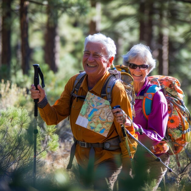 Foto una pareja feliz caminando por el bosque