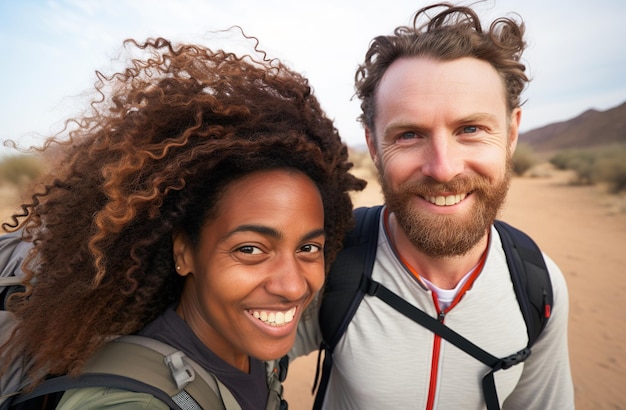 Una pareja feliz caminando en el desierto.