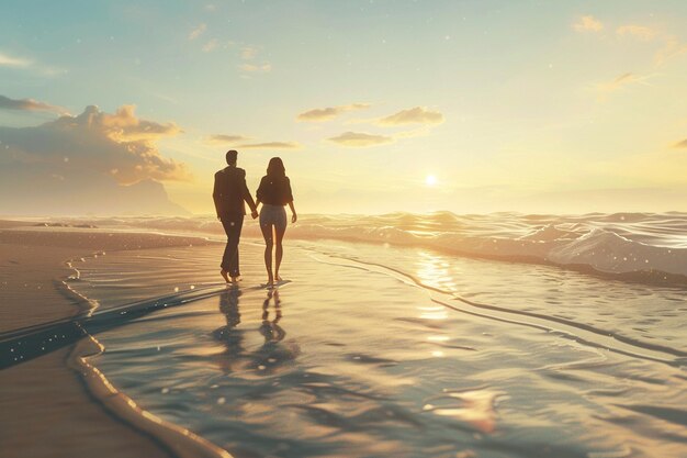 Una pareja feliz caminando de la mano en una playa de arena