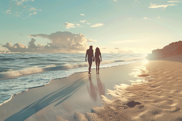 Una pareja feliz caminando de la mano en una playa de arena