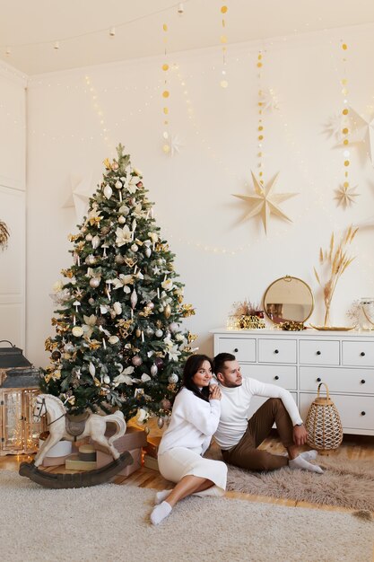 Pareja feliz en casa en Navidad