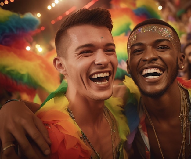 Pareja feliz celebrando en el Desfile del Orgullo Gay LGBTQ en Sao Paulo Día y Mes del Orgullo en Brasil