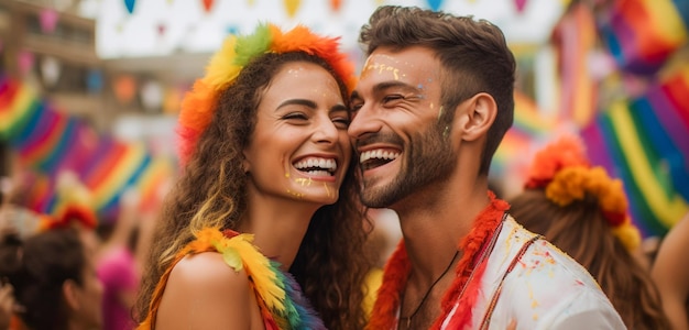 Pareja feliz celebrando en el Desfile del Orgullo Gay LGBTQ en Sao Paulo Mes del Orgullo en Brasil