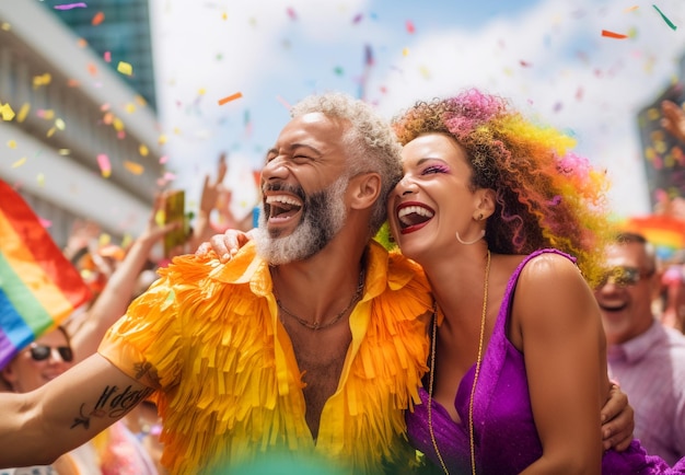 Pareja feliz celebrando en el Desfile del Orgullo Gay LGBTQ en Sao Paulo Mes del Orgullo en Brasil