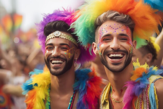 Una pareja feliz celebrando en el Desfile del Orgullo Gay LGBTQ en Sao Paulo El Mes del Orgulto en Brasil