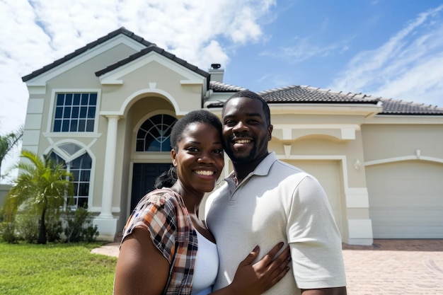 Una pareja feliz celebrando su casa recién construida bajo un cielo azul brillante